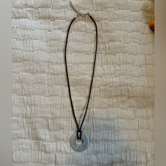 Black Faux Leather and Silver Pendant TRUST Necklace - Picture 3 of 4